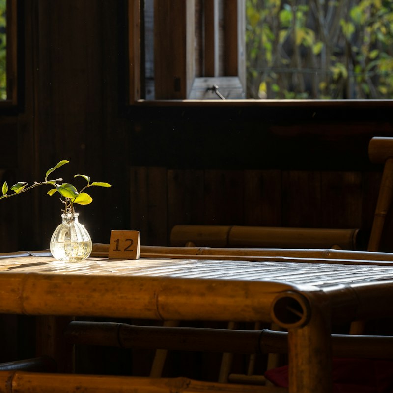 Petite plante dans un vase sur une table en bambou