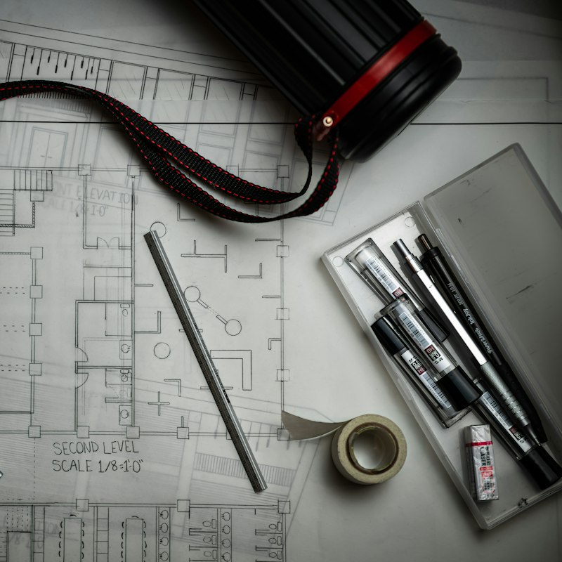 Plans d'architecte, crayons et règle sur une table