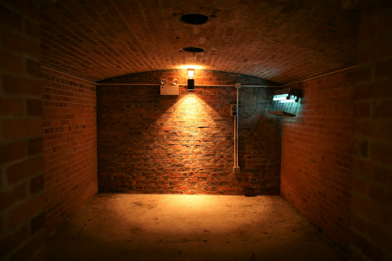 Salle voûtée en briques éclairée par une ampoule, ambiance mystère